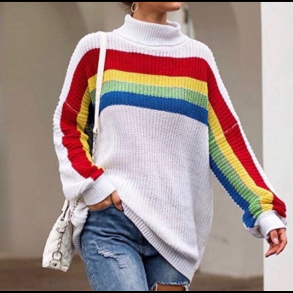 Love + Harmony White Rainbow Turtleneck Oversized Chunky Sweater